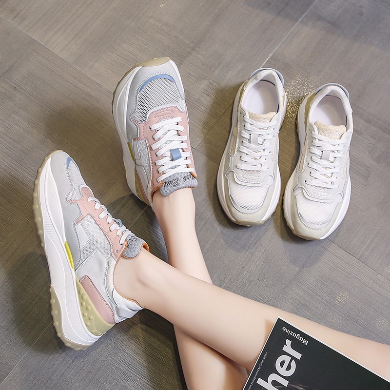 Chunky Shoes Women Breathable Female Autumn Thick Bottom Causal Sneakers Solid Lace Up Mesh Women Shoes