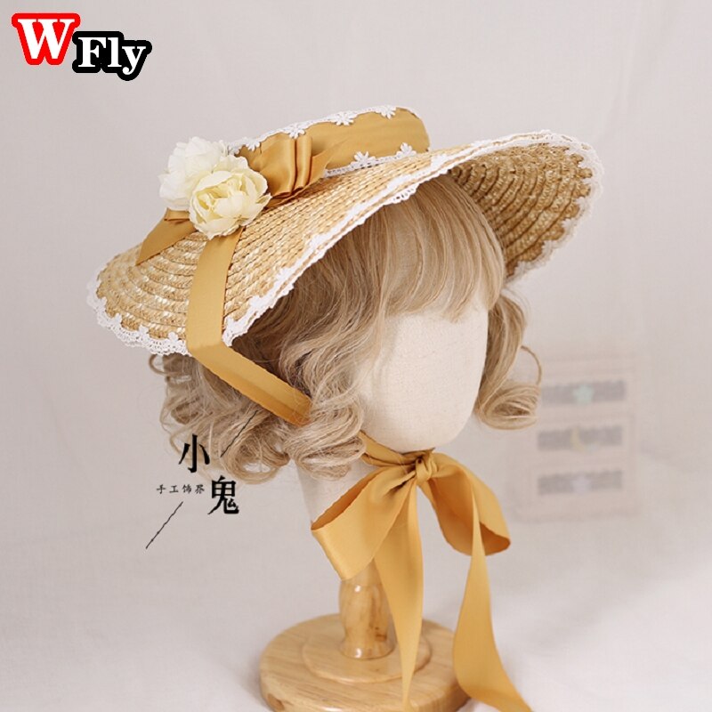 Chapeau de soleil en paille pour femmes et filles, japonais, Lolita, fait à la main, ruban de fleurs en dentelle, nœud papillon à large bord, chapeaux de paille élégants: style 8