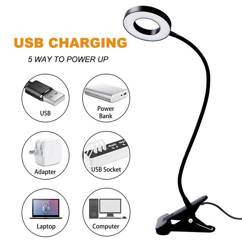 Lampada da scrivania a 48 LED con clip USB Lampada da libro da comodino 360 ° Lampada da scrivania mini clip-on a LED Luce notturna flessibile Luminosità regolabile a 3 livelli