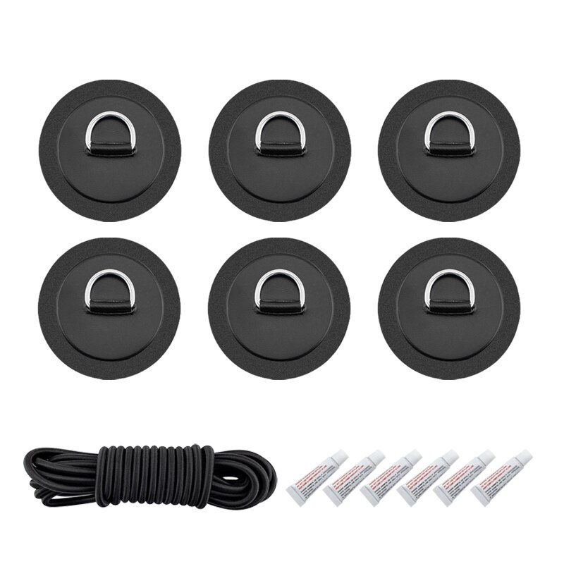 6 stuks/partij surfplank, dinghy, boot, pvc-patch met roestvrijstalen d-ring, dekbevestiging, sup ronde ringpad, 5m elastische bungee-touwset: Zwart