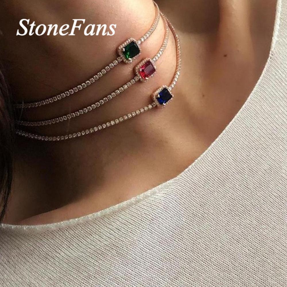 Stonefans Simple Rainbow Stone Tennis Chain Necklace Choker for Women Statement Rhinestone Chain Necklace Collar Gold Jewelry