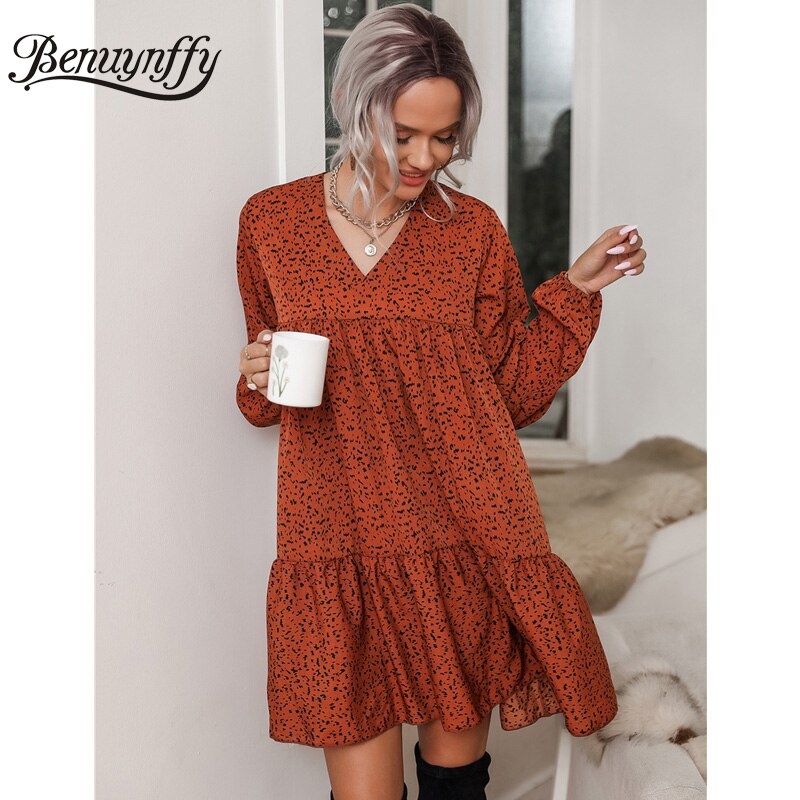 Benuynffy v-hals print ruche zoom smock jurk lente vrouwen boho mini jurken lange mouwen vrouwelijke casual losse jurk