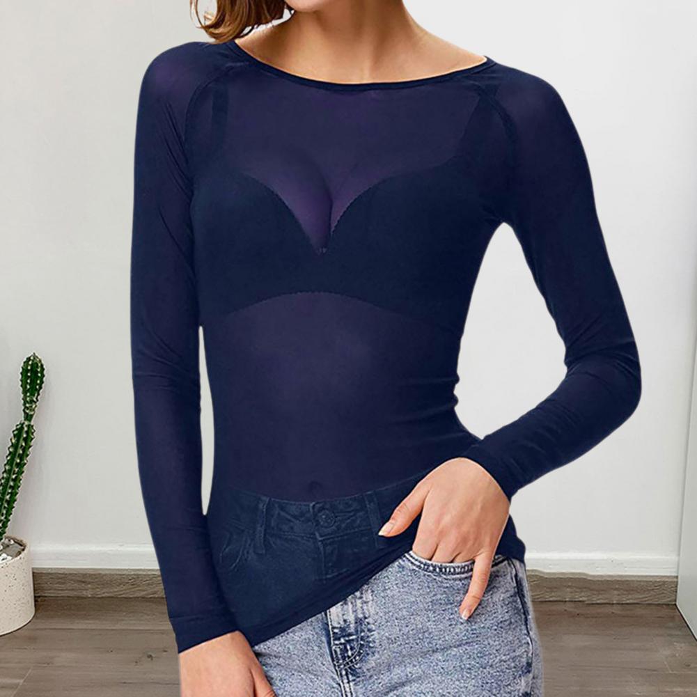 Transparent mesh-bluse til kvinder, langærmet, sexet, gennemsigtig, stretchgarn-bluse med mesh-bund, sol-t-shirt