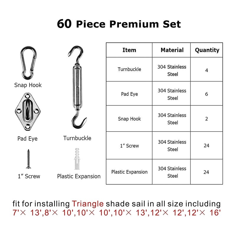 Kit hardware per vela parasole da 44 pezzi per installazione di vela parasole triangolare e rettangolare, acciaio inossidabile 304 resistente | Leroy Merlin