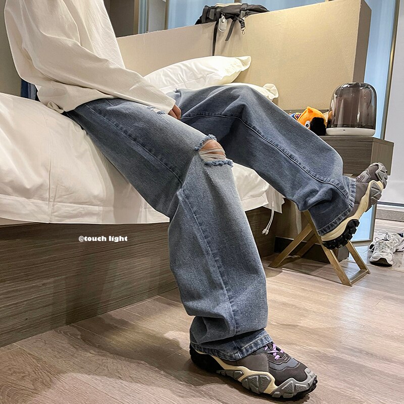 Pantalones vaqueros elásticos para hombre, rasgado y roto, Jeans rectos con agujeros a la , talla grande