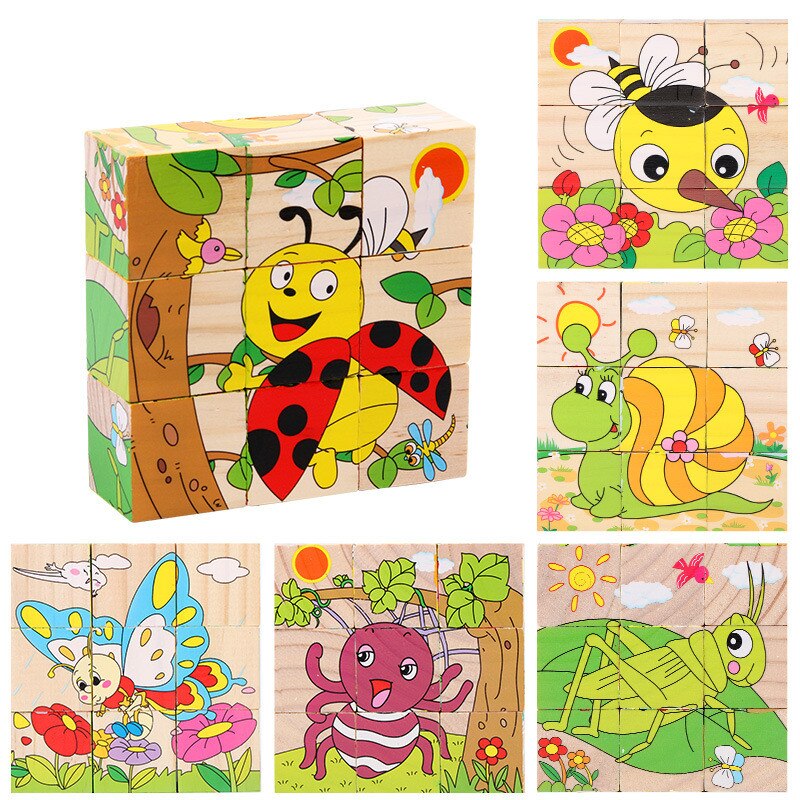 Baby Houten Blok Speelgoed Kinderen Zes Side 3D Cube Jigsaw Games Animal Fruit Verkeer Cognize Vroeg Leren Educatief Speelgoed: Insect