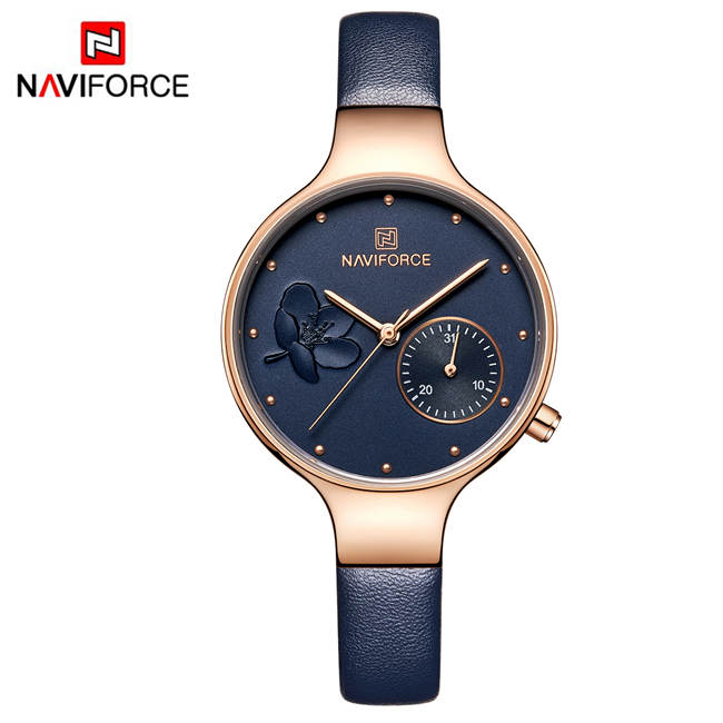 Naviforce Vrouwen Mode Blue Quartz Horloge Lady Lederen Horlogeband Casual Waterdicht Horloge Voor Vrouw