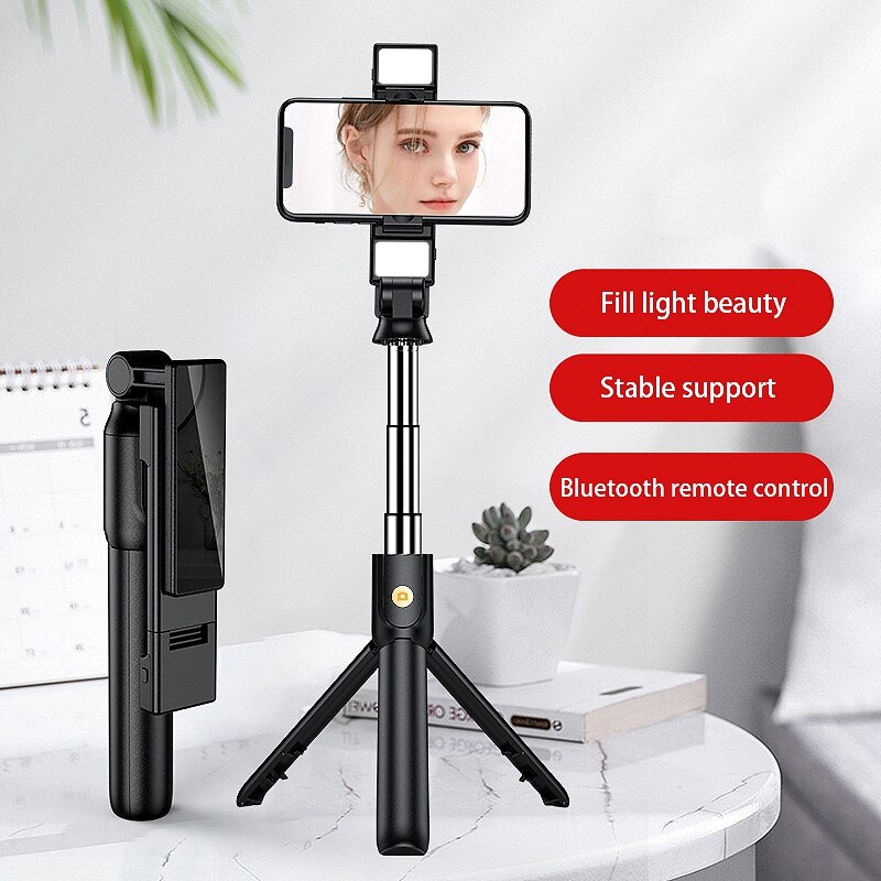 Selfie-stick-stativ mit bluetooth-fernbedienung und fülllicht, tragbarer, ausziehbarer verlängerungsständer