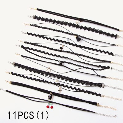 METOO 11pcs Dei Monili Delle Ragazze per I Bambini Nero Della Collana Multi Strato di Pizzo Catene Choker Della Collana Per Bambini Gotico Stretch Gioielli Bambino: 11pcs(1)