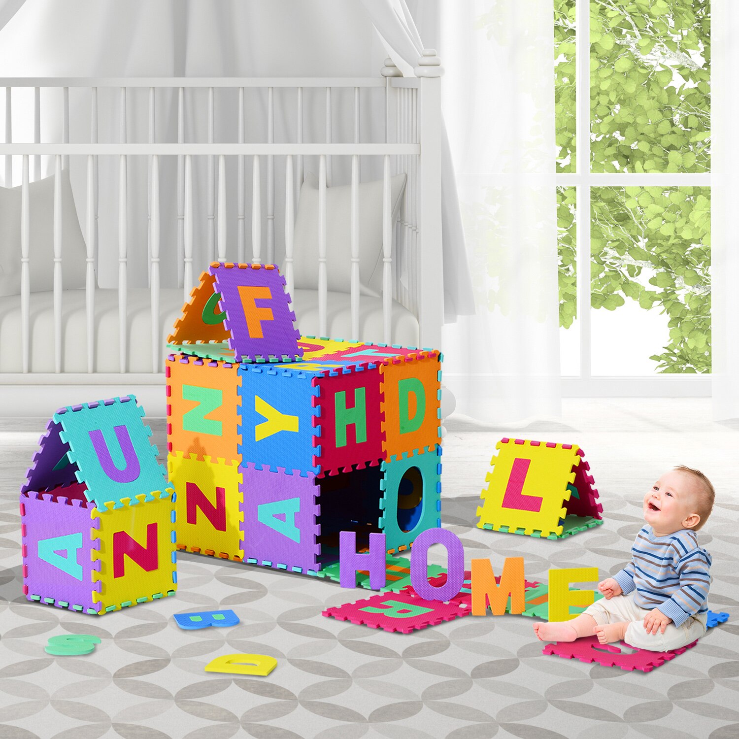 HOMCOM Alfombra Puzle 2.41m2 Ninos 3 Anos 26 Letras Goma Espuma Estera Juego Puzzle