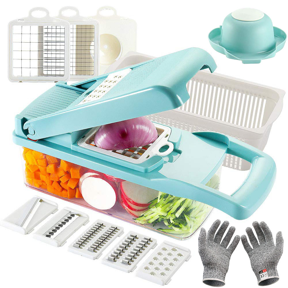 Multifunctional Vegetable Cutter Mandoline Slicer 8 Blades Vegetable Choppers With cut-resistant Gloves Onion Potato Slicer Dice: Blue with gloves