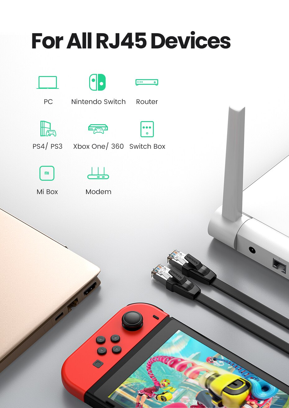 Ugreen ethernet kabel cat 8 40 gbps flad  rj 45 lan patch ledning til  ps 4 router bærbare computere modem  rj45 leder netværk cat 8 kabel ethernet