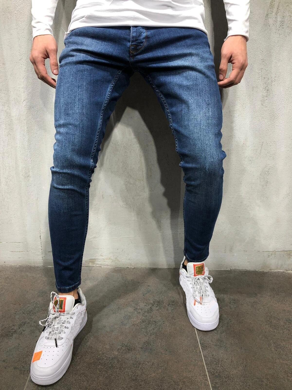 Jeans Men Elastic Waist Skinny Jeans Men Stretch Ripped Pants Streetwear Mens Denim Jeans Blue