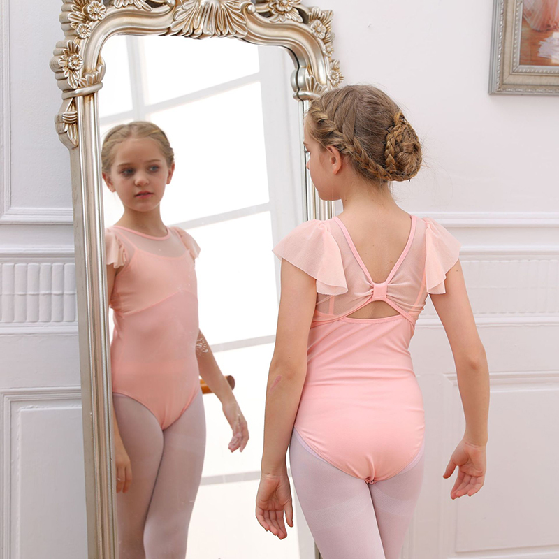 Leotardo de gimnasia de algodón para niños, malla de empalme, trajes de baile de manga corta, Ropa de baile para niñas: XXS / Beige