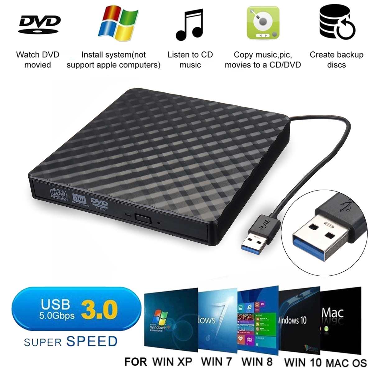 Externe USB3.0 DVD RW CD Writer Slim Optische Drive Brander Reader Speler Lade Soort Draagbare Voor PC Laptop