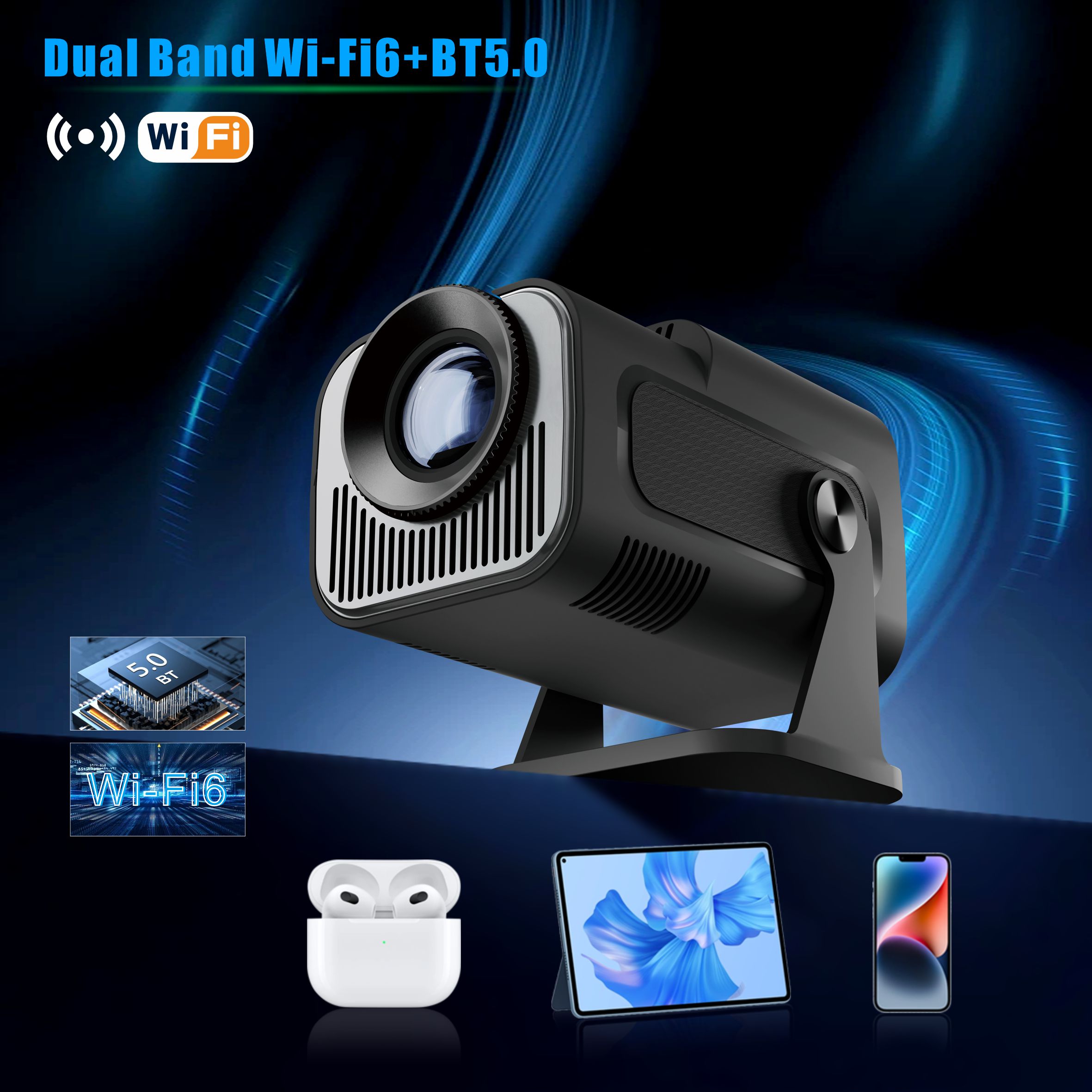 HY-320Mini Tragbarer Native 720P Allwinner H713 Android11 4K Projektor 320ANSI Wifi6 BT5.0 Kino Outdoor Drehbarer Projektor