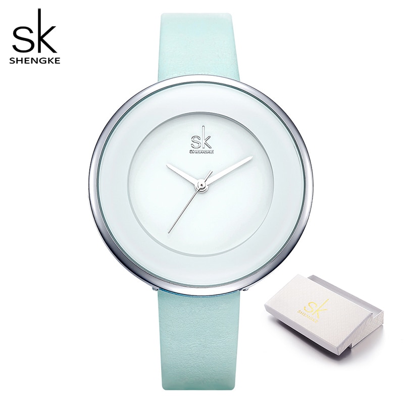 Shengke Hemelsblauw Lederen Band Gesp Vrouwen Horloges 38 Mm Grote Top Brand Eenvoudige Wijzerplaat Quartz Luxe Dameshorloge Reloj mujer: blue with box