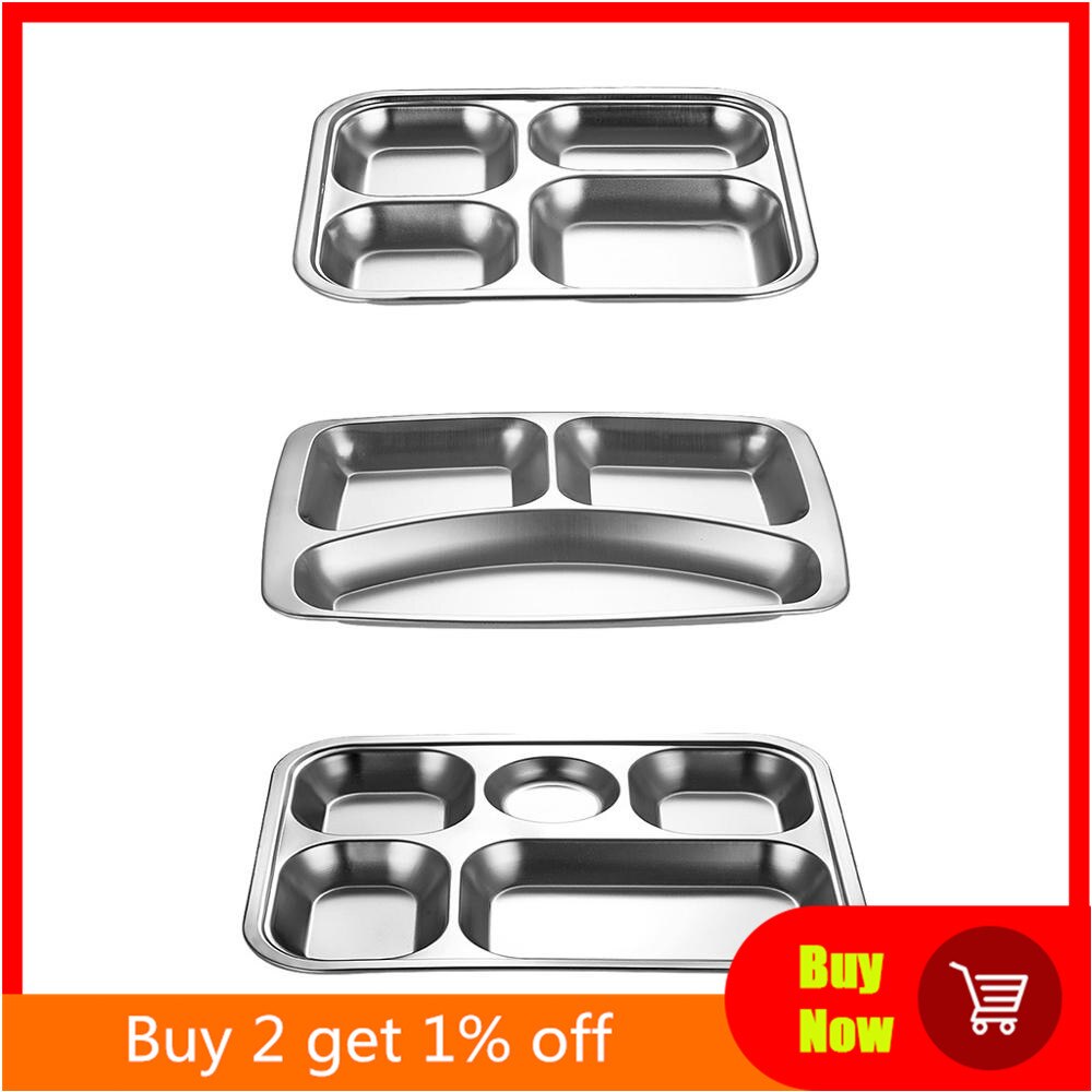 1pc Stainless Steel Divided Dinner Tray Lunch Container Food Plate for School Canteen 3/4/5 Section
