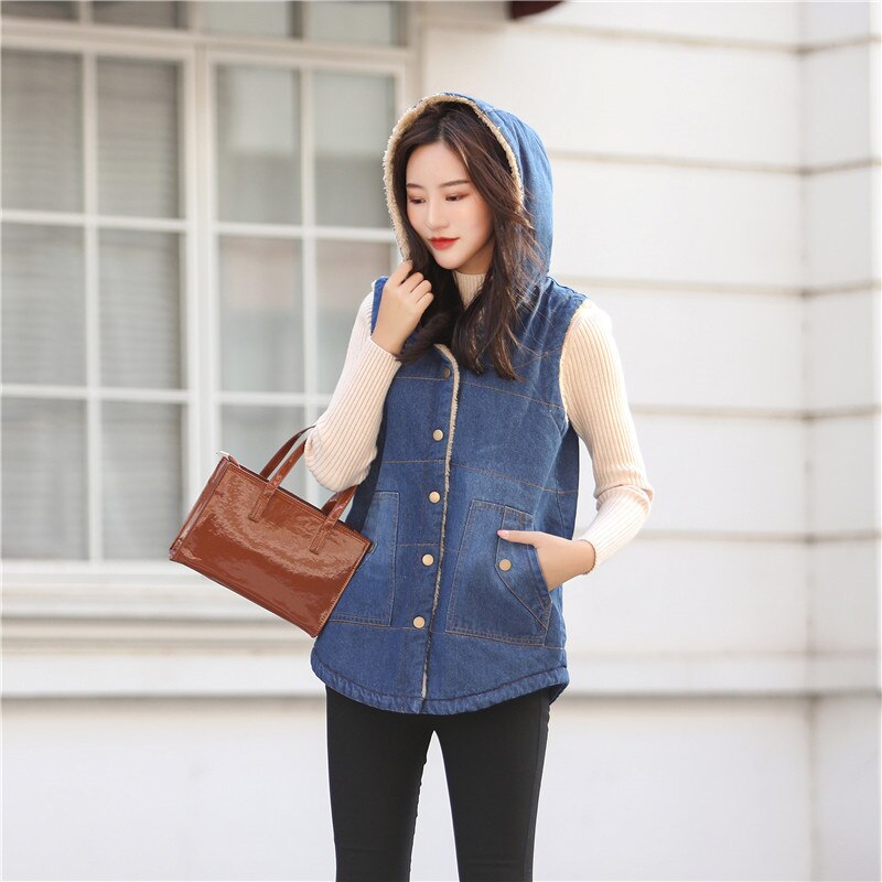 Uhytgf ermeløs høst vinter denim vest kvinner pluss fløyel tykk lamme kashmir varm vest vest løs korte jeans vester 1514