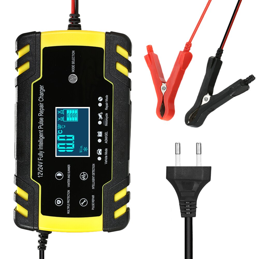 Chargeur de batterie de voiture 12V 8A 24V 4A | Chargeur de batterie intelligent, automatique, 3 étages, affichage LCD, chargeur de batterie à acide plomb humide, AGM GEL: Yellow EU Plug