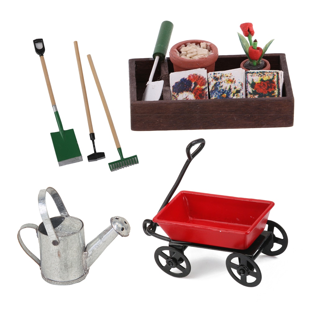 1/12 Dollhouse Miniature Horticulture Box, Pulling Cart & Garden Tools Kids DIY Accessories