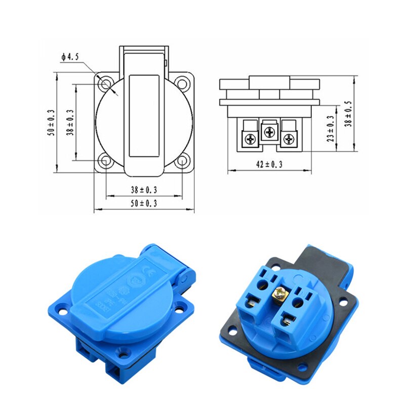 IP44 German waterproof socket 16A250V European dust socket, 50x50mm, home desktop European standard waterproof socket