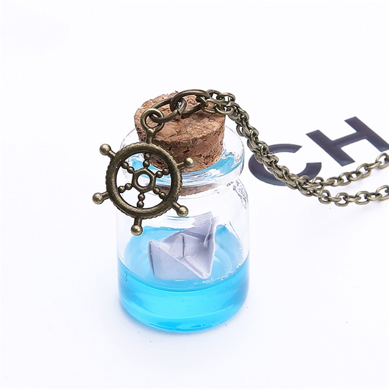 Sea Water Paper Boat Drifting Bottle Necklace Glass Bottle Pendant Necklace Jun0418