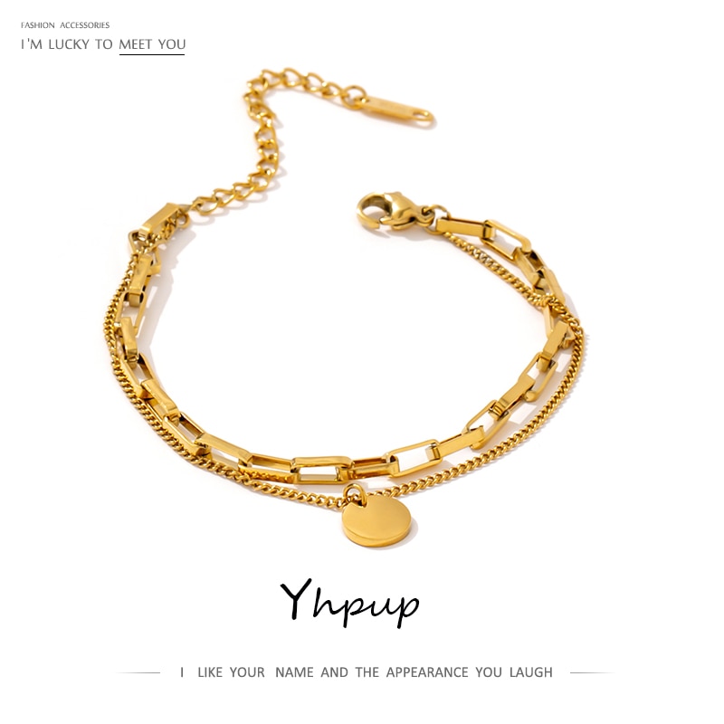 Yhpup-pulsera de Metal de acero inoxidable para mujer, brazalete de cadena con textura chapada en 18 K, joyería para mujer, de Navidad