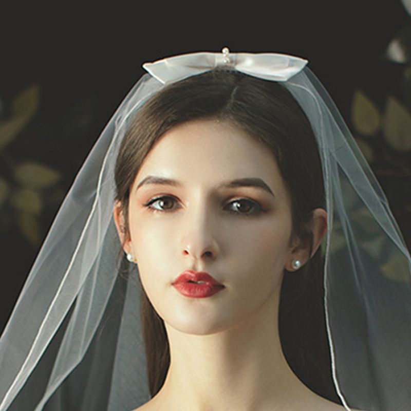 Women 1 Tier Short Tulle Wedding Veil Faux Pearl Beaded Bowknot Bridal Headdress E15E