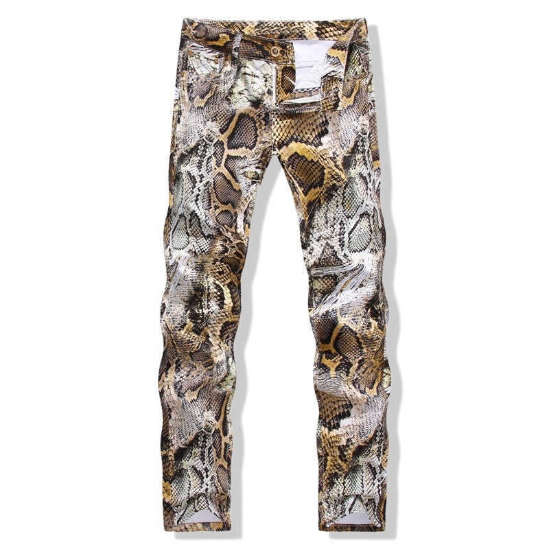 Skinny jeans mænd herre jeans slangeskind print slim farvede stretch denim bukser til mænd