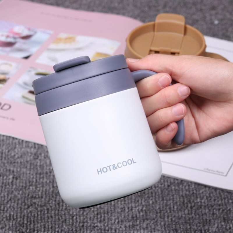 Kort kaffe termosmugg 350ml för vatten te juice isolerad kolv rostfritt stål med lock handtag kopp kontor hem: Vit