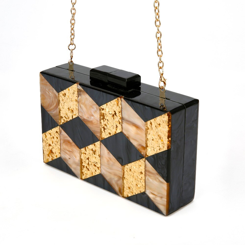 Naken guld glitter svart pärl randig geometrisk akryl clutch kvinnor axel messenger kväll sommar strand klaff akryl väska