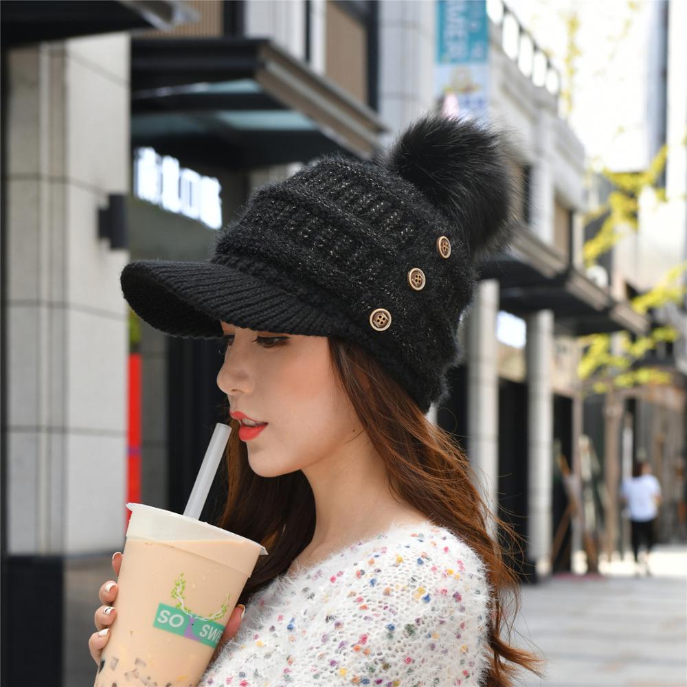 Gorro de lana con forma de bola para mujer, gorro de lana con forma de cúpula cálida, con botones, en 6 colores, para invierno y otoño
