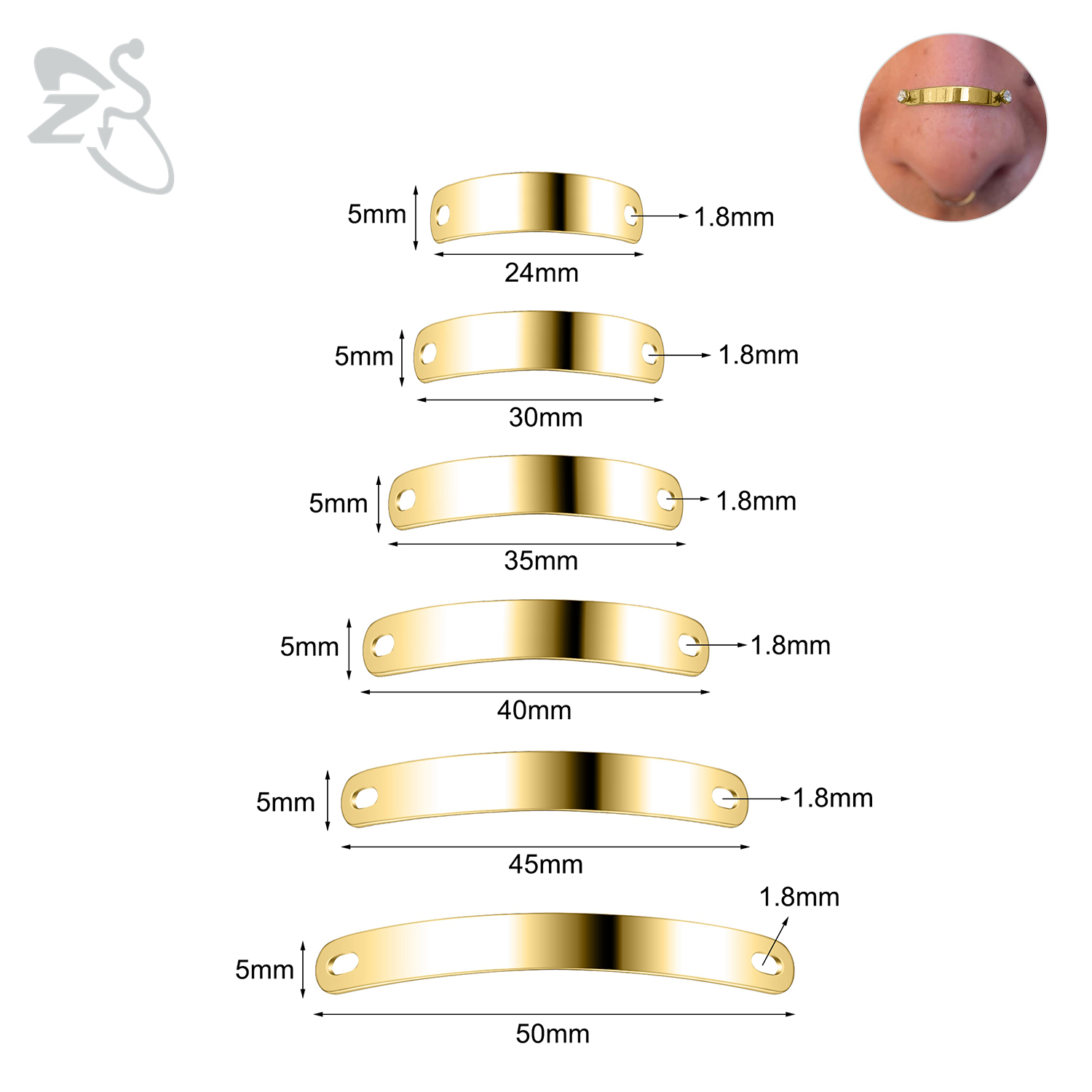 ZS-Piercing en Acier Inoxydable pour Homme et Femme, Bijoux de Corps, Ajustable, Pont de Narine, Punk, 24/30/35/40/45/50mm, 1 Ensemble: En laiton Plaqué
