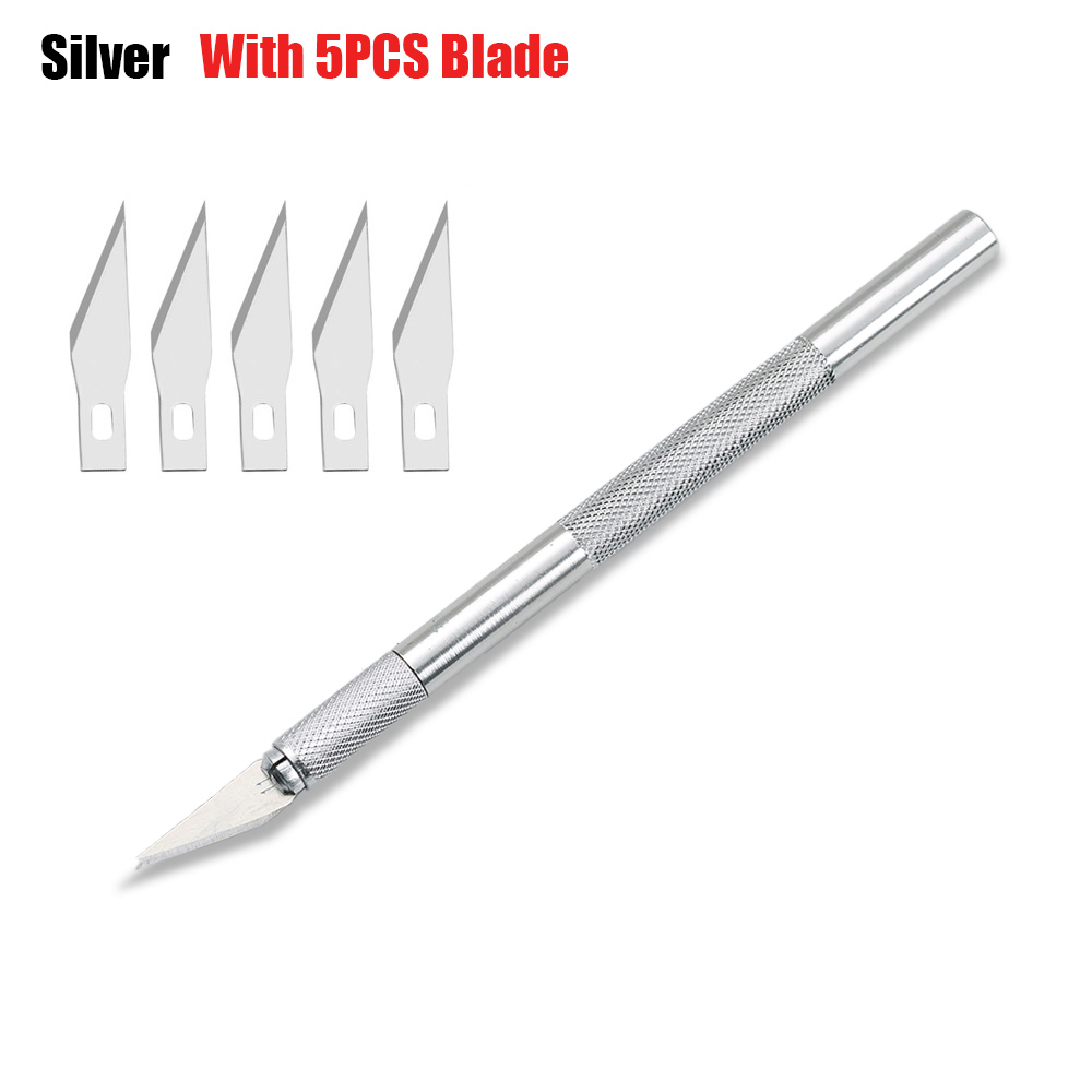 Carving Metal Knife DIY Art Cutting Tool Craft Cutting Kinfe Engraving Cutter with Blade Safety Cutter Paper Knife Cutting Pen: silver 1 set