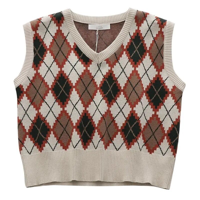 Chaleco de punto de estilo pijo para mujer, suéter de rombos sin mangas a cuadros, prendas de vestir cortas, Top holgado informal con cuello en V