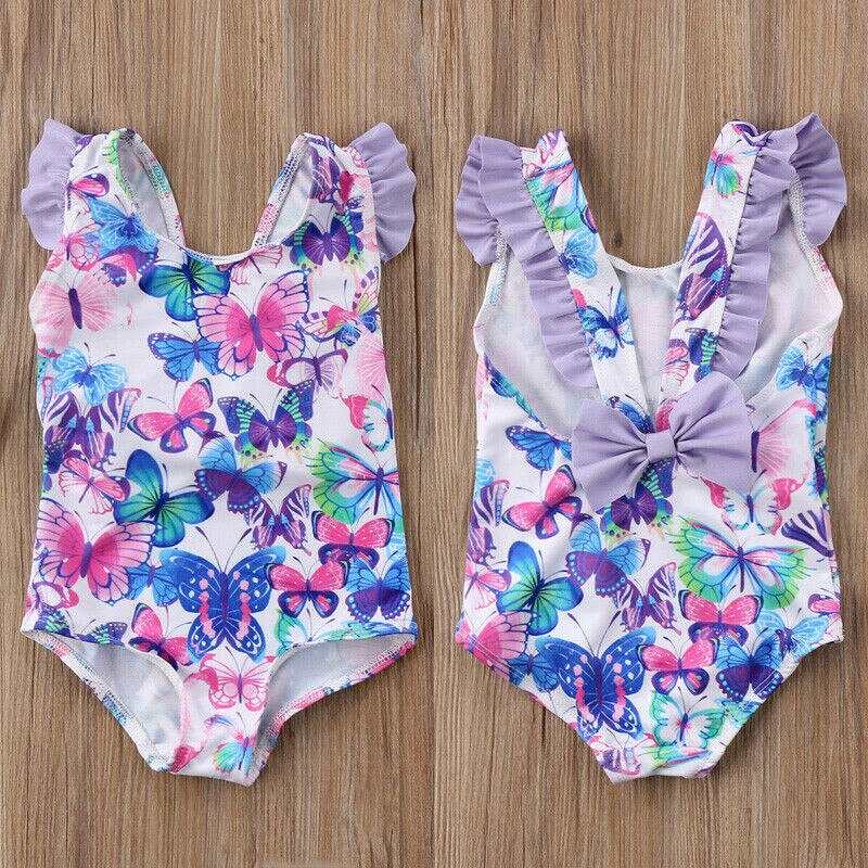 Summmer One Piece Baby Girl Flower butterfly Print Bathing Suit Backless Swimwear Cute Kids Ruffles Swimming Swimsuit