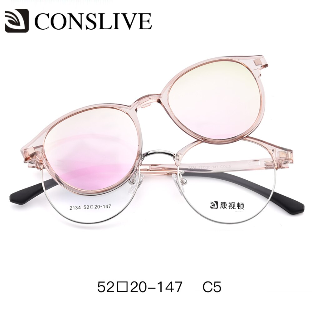 2 in 1 Eyeglasses with Clip on Sunglasses Women Glasses with Magnetic Sunglasses Round Glasses with Lenses 2134: C5