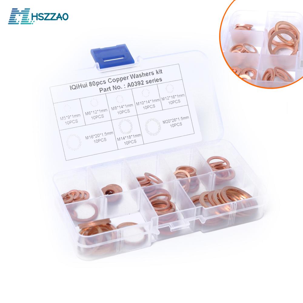 80 Pcs 8 Sizes Solid Copper Washers Sump Plug Assortment Washer Set Plastic Box Hardware Auto Accessories