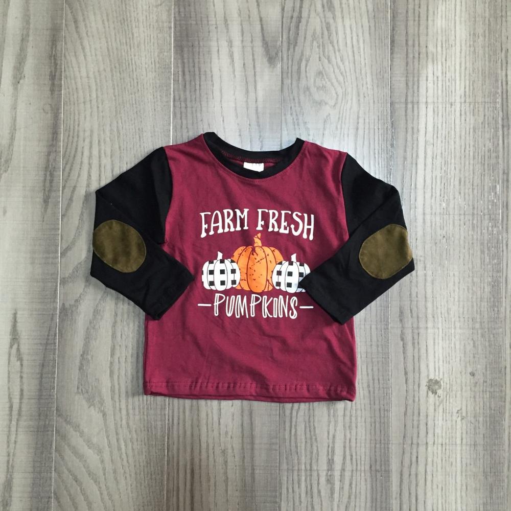 Camisa de manga longa do algodão dos meninos do bebê da queda/inverno girlymax camiseta raglans preto vinho abóbora fazenda remendo fresco crianças roupas