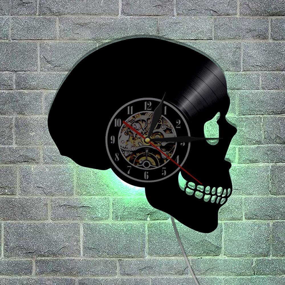 Skelet Hoofd Vinyl Record Wandklok Schedel Hoofd Silhouet Shadow Led Wandklok Batterij Operated Slaapkamer Decor Halloween