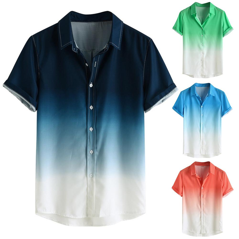 Stijlvolle Mannen Korte Mouw Turn Down Kraag Gradiënt Kleur Print Button Shirt Kleurverloop Print Comfortabel Om Te Dragen Knop