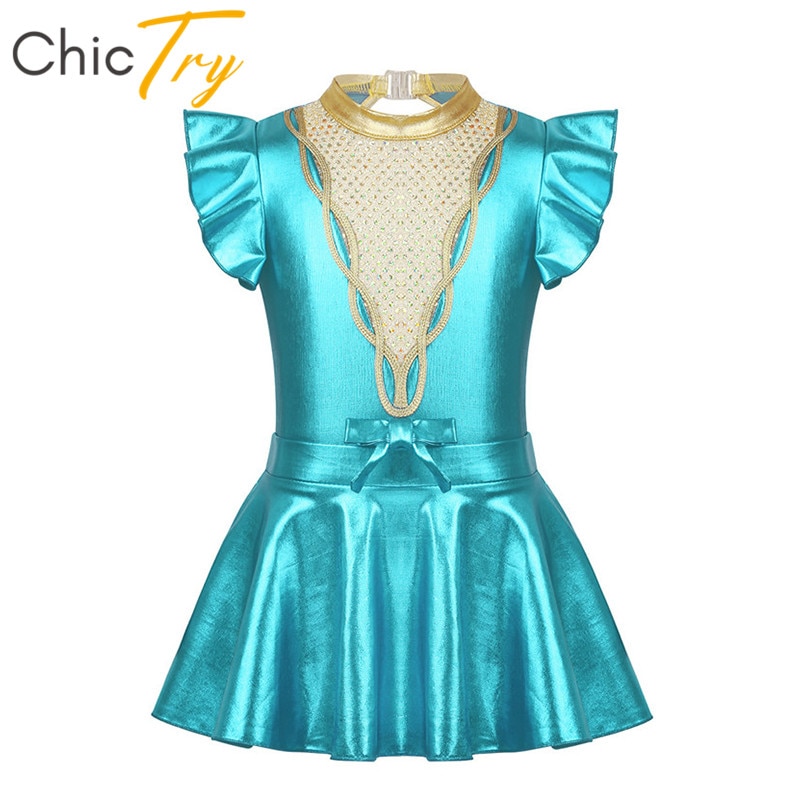 ChicTry Kids Teens Performance Dance Costume Shiny Sequins Metallic Gymnastics Leotard with Skirt Set Girls Ballet Dress Outfit