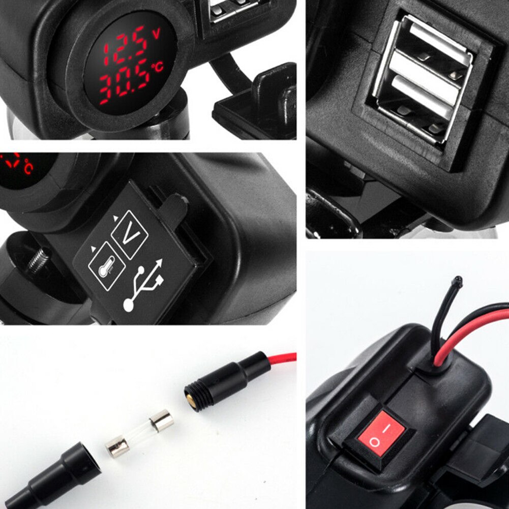 Rode Led 12 V Motorcycle Usb Lader 2.1A + 2.1A W/Digitale Voltmeter + Thermometer 12 V/24 vpower Supply Sockets/Outlets