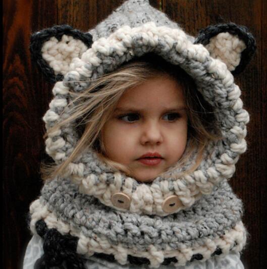 Ianlan piger vinter hat tørklæde lille ræv stil børn hættetrøje hatte lydpotte dejlige børn varme strik uld beanies tørklæder  il00193: Grå / Passer 2-10 år gammel