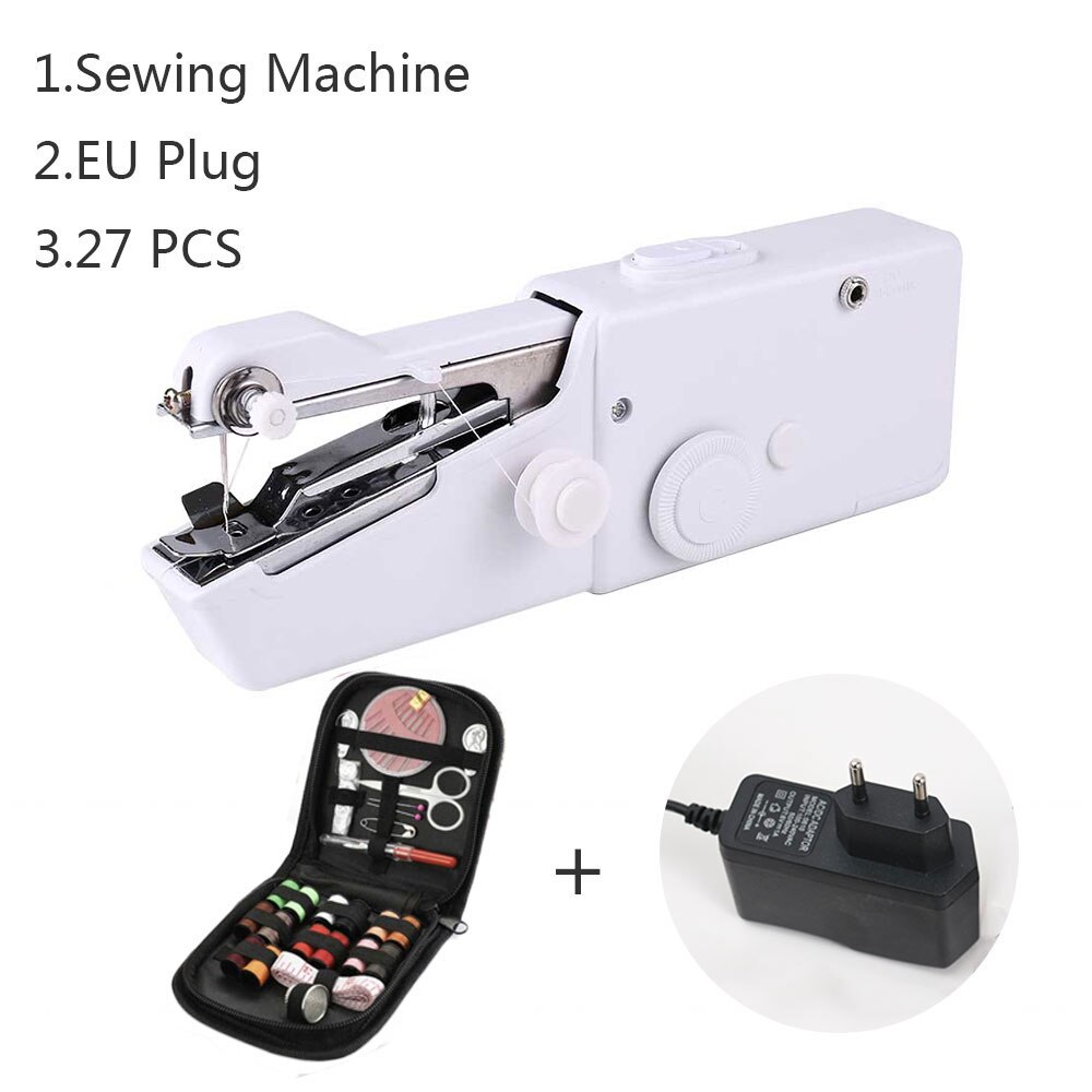INNE Portable Mini Hand Sewing Machine Household Electric Quick Repair Clothes Straight Stitch Needlework Tool DIY Accessories: EU 27thread White