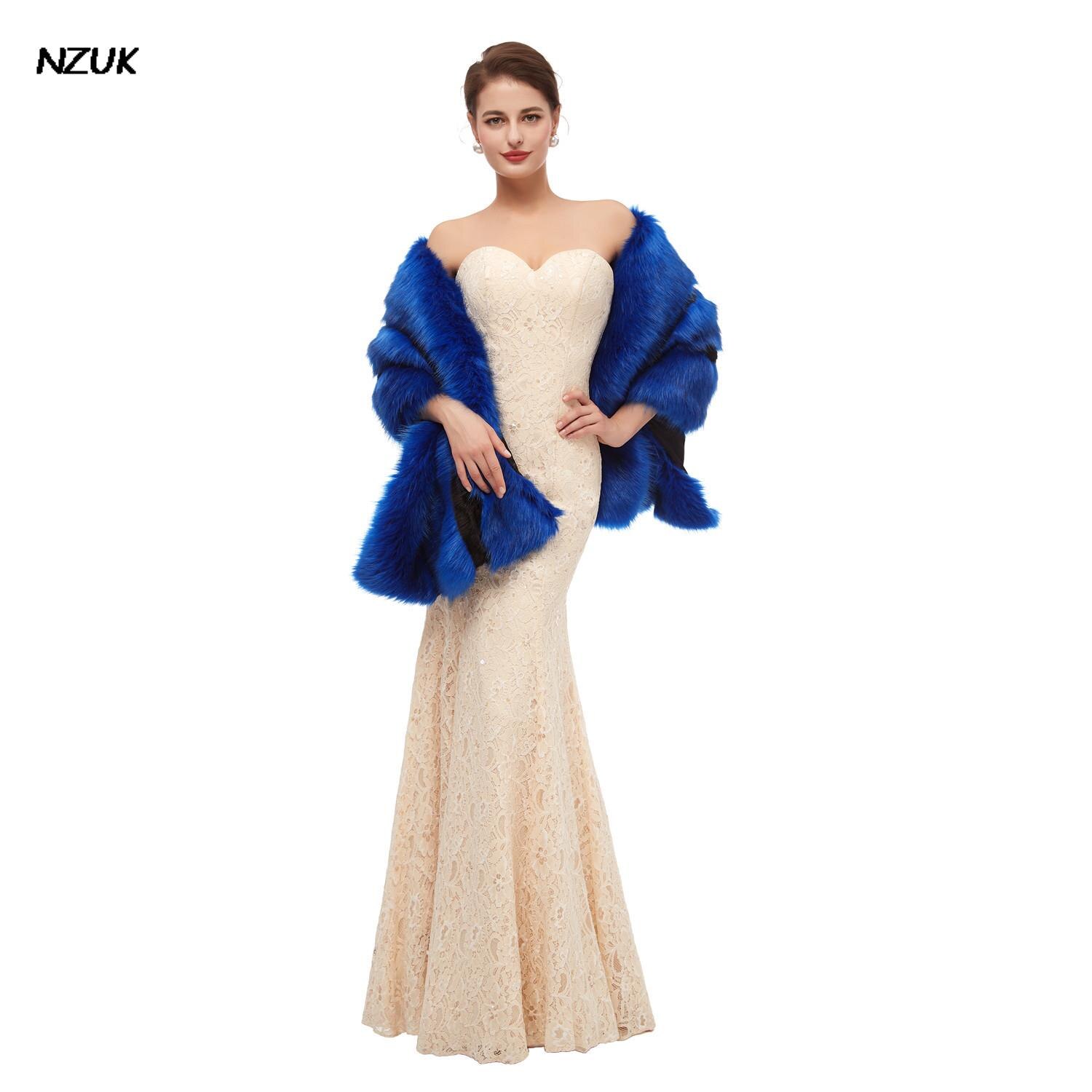 NZUK eleganckie królewskie niebieskie kobiety Capelet Faux futro szal robić opatulania się zimowe płaszcze ślubne odzież wierzchnia ślubny płaszcz bolero меховые накидки