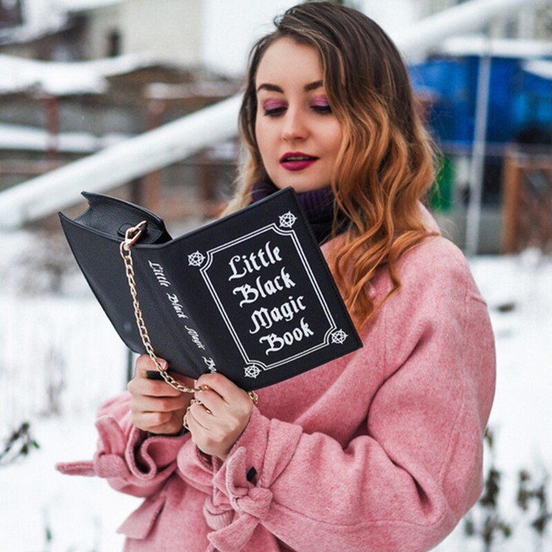 Pochette en cuir Pu noir pour femmes, livre magique à la , sac à bandoulière avec chaîne, petits sacs à main