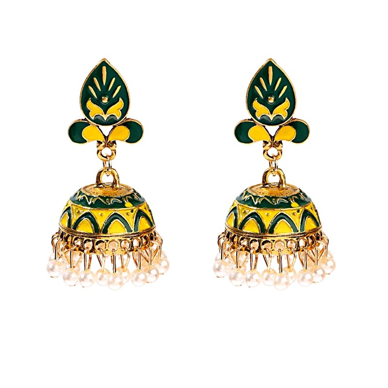 Tophanqi Bollywood Oxidized Big Bell Dangle Earrings For Women Green Leaf Carved White Beads Tassel Indian Jewelry Earring: Green