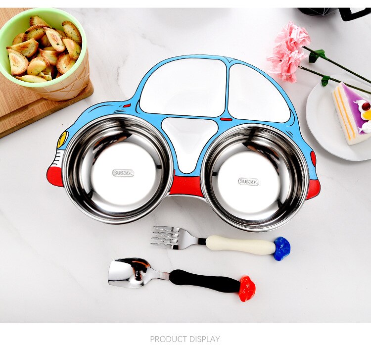 3 pçs/set crianças conjunto de utensílios de mesa pratos aço inoxidável placa alimentação do bebê com colher garfo bonito dos desenhos animados carro forma recipiente comida: Blue Not Washable